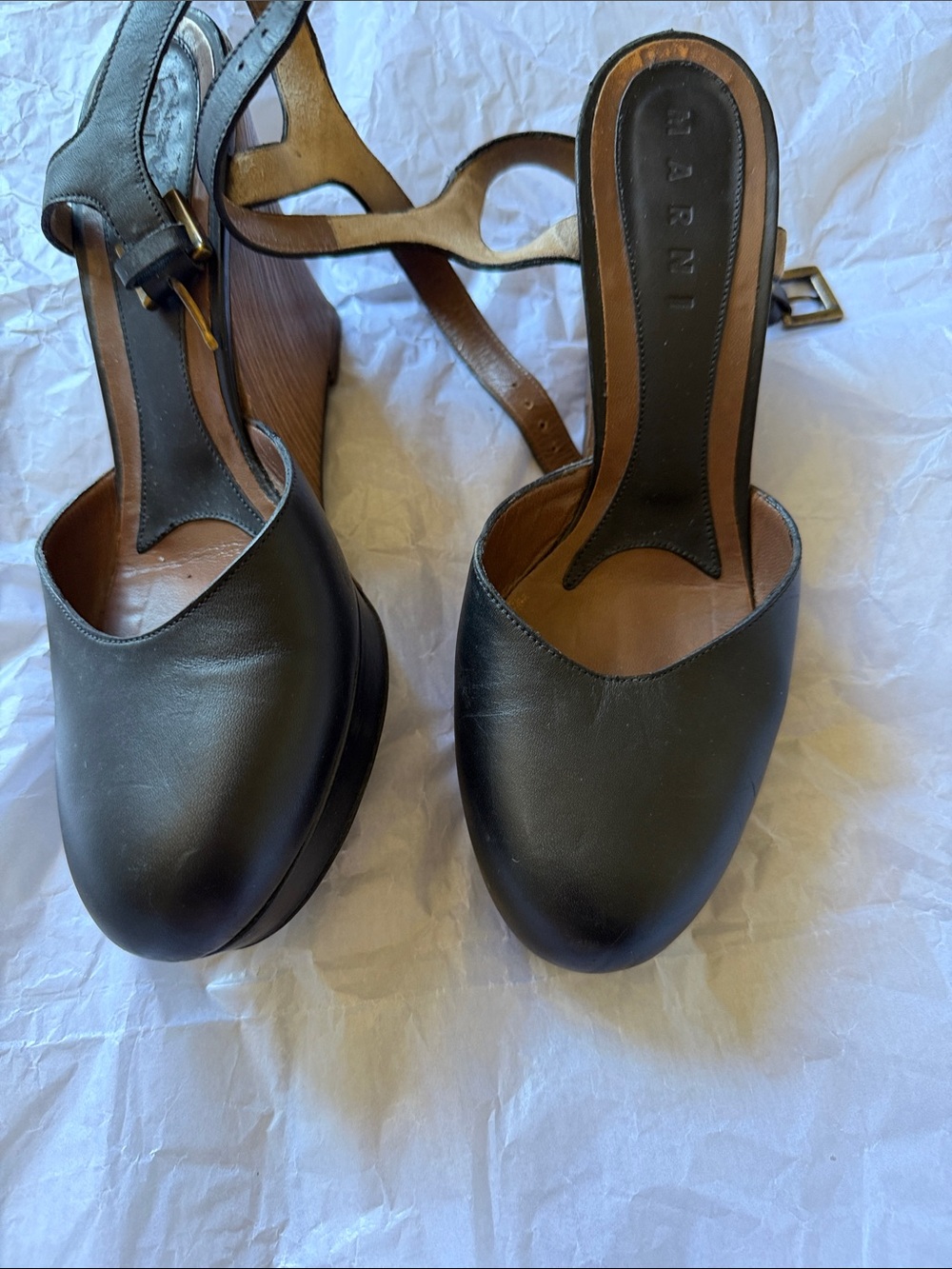 Marni Black Leather Slingback Platform Mules